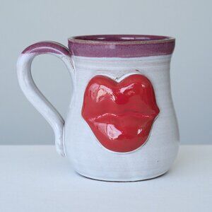 MudWorks Pottery Mug 3D Red Lips Kiss Mod Pop Art Handmade Stoneware Clay USA
